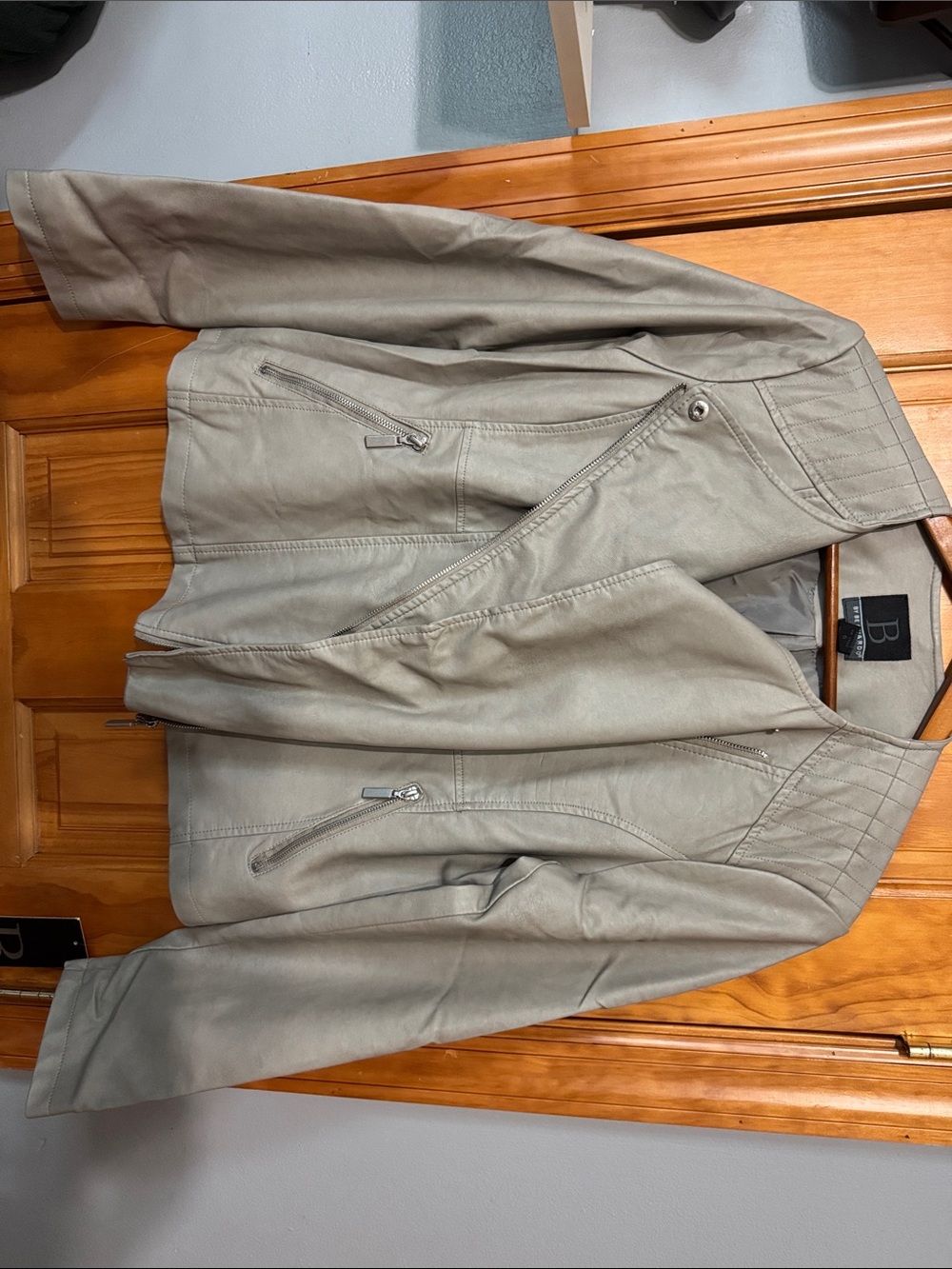 Bernardo Light Taupe Faux Leather Moto Jacket with Zip Pockets